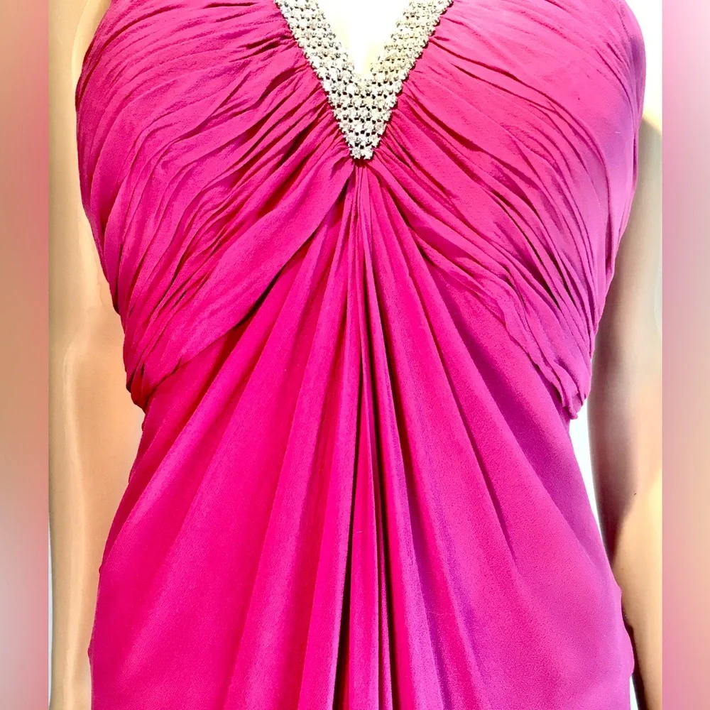 VINTAGE Pink empire waist silk maxi dress halter top deep V neck rhinestones Sz6 - Picture 4 of 14